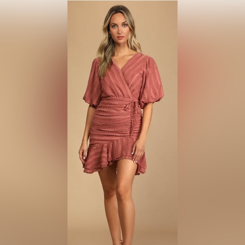 NWT Lulu’s Cherish This Moment Rusty Rose Ruched Asymmetrical Mini Dress Size M